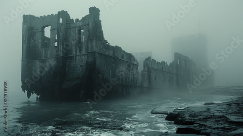 A mysterious ancient castle shrouded in fog, standing on a rocky coastline with waves gently lapping at its base.