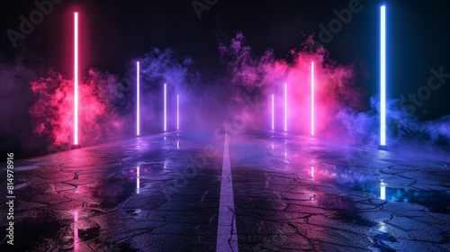 Neon Lights and Smoke on a Wet Asphalt Road at Night