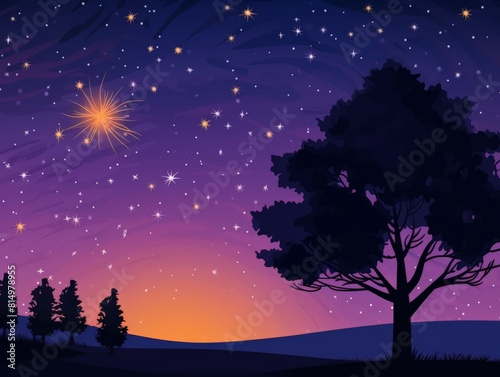 Night landscape with silhouetted tree and hills, starry sky, warm orange glow on the horizon. Serene and enchanting scene with a blend dark and vibrant colors, creating peaceful night atmosphere. © N Joy Art 