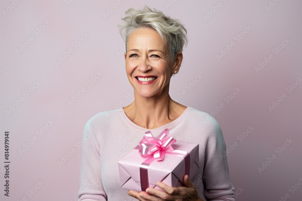 Portrait of a jovial woman in her 40s holding a gift in pastel gray background Portrait of a jovial woman in her 40s holding a gift in pastel gray background