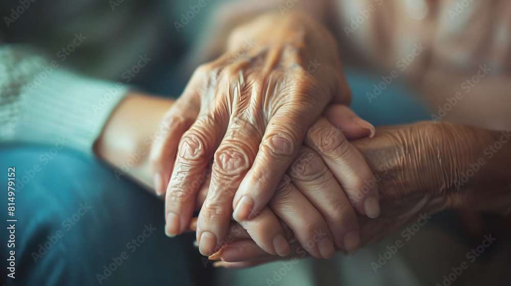 Fototapeta premium Two elderly people are holding hands, alzheimer's disease concept