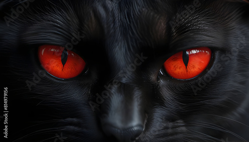A black cat stares with its two terrible red eyes. generative AI photo