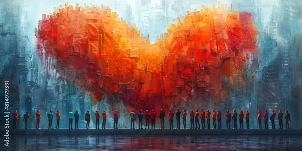 Obraz premium Large digital painting of a vibrant red heart in an urban environment, symbolizing communal love and unity. World Blood Donor Day.