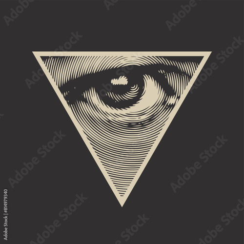 The eye of Providence in a triangular pyramid. Monochrome icon of the Masonic sign of the All-Seeing Eye of God. Vector banner in vintage style