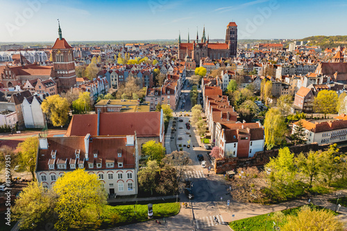 View from a drone of the Main Town in Gdańsk and St. Mary's Basilica.
