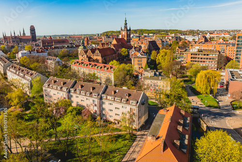 Church of St. Catherine in Gdańsk. Old Town. View from the drone. Spring time. photo