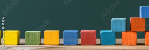 An image of colored wooden toy blocks arranged in a graph shape, depicting growth or progression concept on a smooth surface against a blackboard