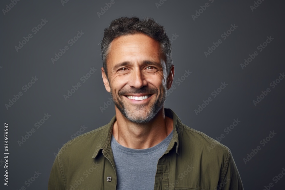 Obraz premium Portrait of a content man in his 40s smiling at the camera isolated in pastel gray background