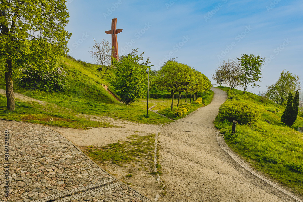 View from a drone of Góra Gradowa in Gdańsk on a beautiful spring morning.