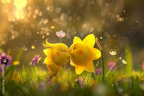 Amidst a blooming meadow, a cheerful daffodil and a shy violet share a playful peck on the cheek, their petal lips brushing together in a delightful display of affection