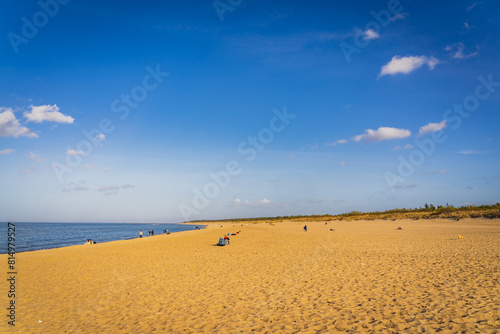 The beach in G  rki Zachodnie on a warm spring day. Gda  sk  Poland.