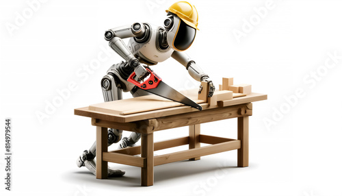 Unique 3D Cartoon Portrait  Robot Carpenter Sawing Wood on Work Table  Robot Carpenter 3D Illustration  Sawing Wood on Work Table Scene