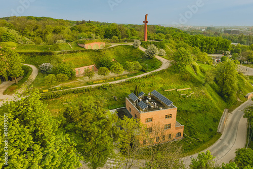 View from a drone of Góra Gradowa in Gdańsk on a beautiful spring morning.
