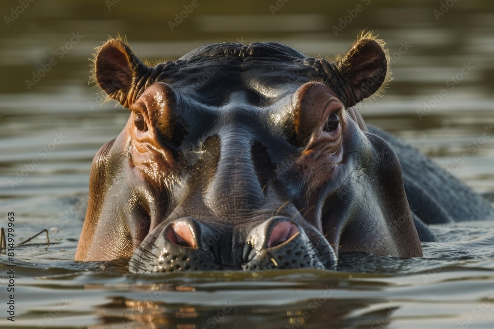 Fototapeta premium A photograph of a hippo partially submerged in water, with the sunlight reflecting off its wet skin. The calm water and the hippo's relaxed expression create a peaceful and serene atmosphere