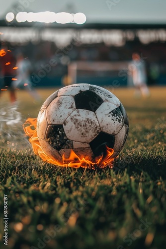 Soccer ball blazes across the field, leaving a fiery trail under the bright stadium lights