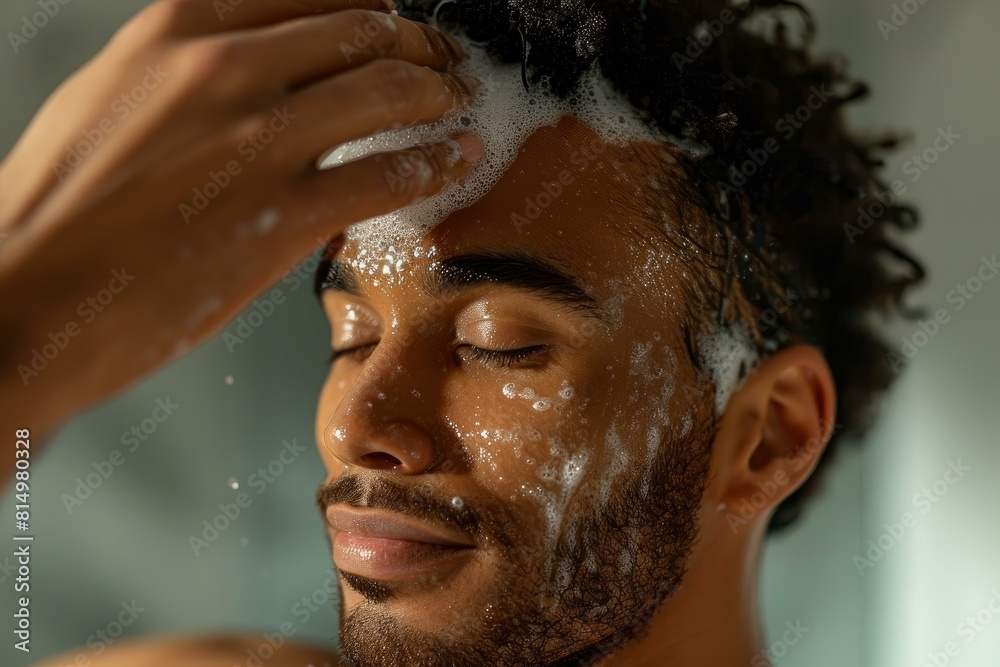 Content man washing hair with foam and closed eyes, feeling relaxed and refreshed Content man washing hair with foam and closed eyes, feeling relaxed and refreshed