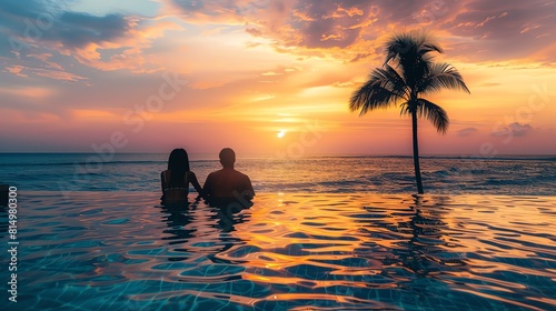 A couple is relaxing in an infinity pool enjoying the sunset.