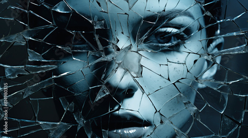 Woman's face behind shattered glass plate photo