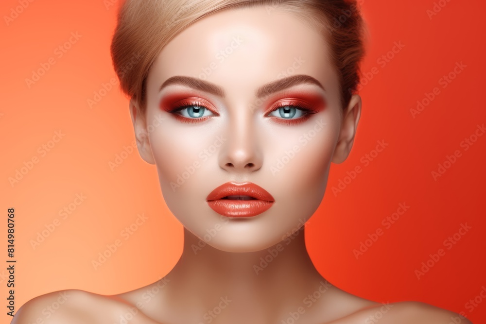 A gorgeous European model  woman, Close-up portrait of a stunning Caucasian model showcasing professional cosmetic makeup, captured against a warm red orange backdrop.