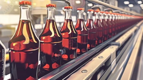 Simple drawing of Line of bottling of beer or soda bottles on clean light factory with closeup view on the bottles.