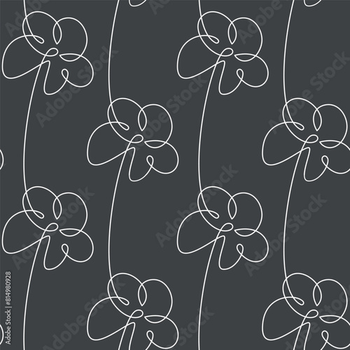 Hand drawn white flowers. Vector seamless pattern. Abstract floral illustration. Outline botanical backdrop. Line continuous drawing, black wallpaper, cartoon background, fabric, textile, print.