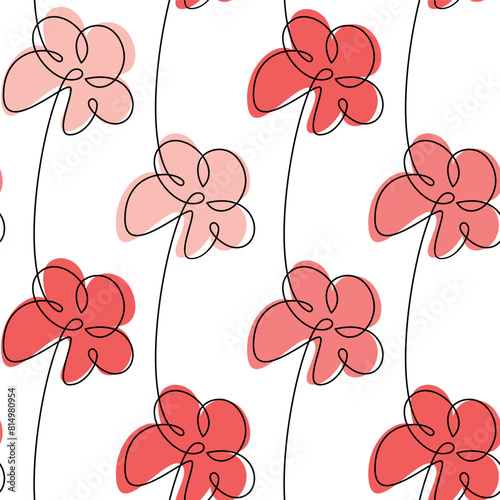 Hand drawn red flowers. Vector seamless pattern. Abstract floral illustration. Outline botanical backdrop. Line continuous wallpaper, cartoon background, fabric, textile, print.