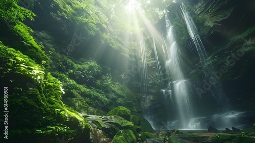 Sunlight Filtering Through Mossy Canopy of a Lush Waterfall Canyon © Sawitree