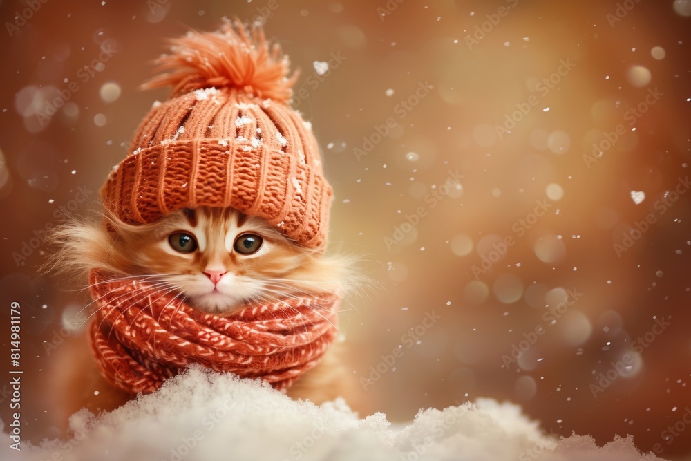 Obraz premium Charming cat in hat and scarf on autumn backdrop with ample space for text insertion