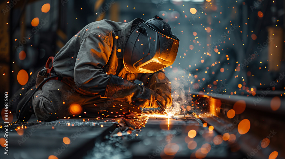 Welder in professional clothing is working welding steel beams, sparks, hot action Welder in professional clothing is working welding steel beams, sparks, hot action