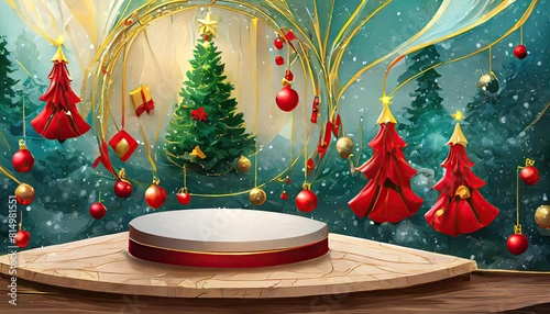 Merry christmas and happy new year with 3d empty podium product display and christmas ornaments or podium and element merry christmas to display product