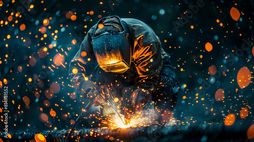Welder in professional clothing is working welding steel beams, sparks, hot action