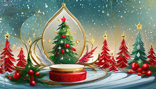 Merry christmas and happy new year with 3d empty podium product display and christmas ornaments or podium and element merry christmas to display product