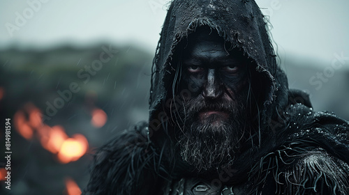 A mysterious figure in a hooded cloak stands in the rain, with a somber expression and a blurred fiery background. photo