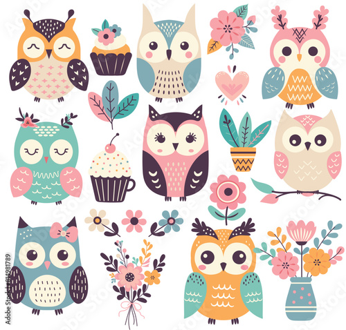 Owl clipart. Cute owls with decorative elements.Simple vector graphics.
