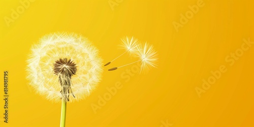 Dandelion head with seeds on yellow background with copy space.