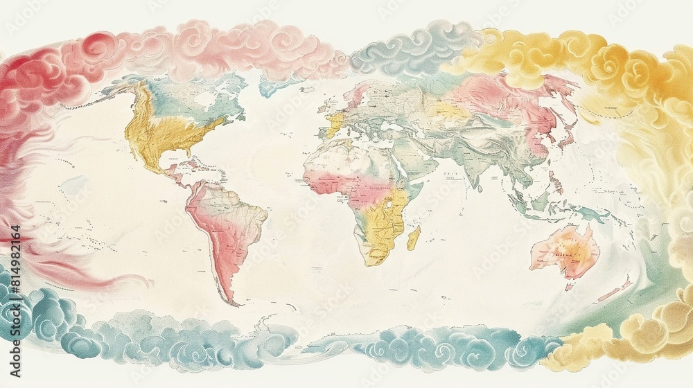 Artistic world map in watercolor with colorful cloud patterns flowing over the continents in a dreamy presentation