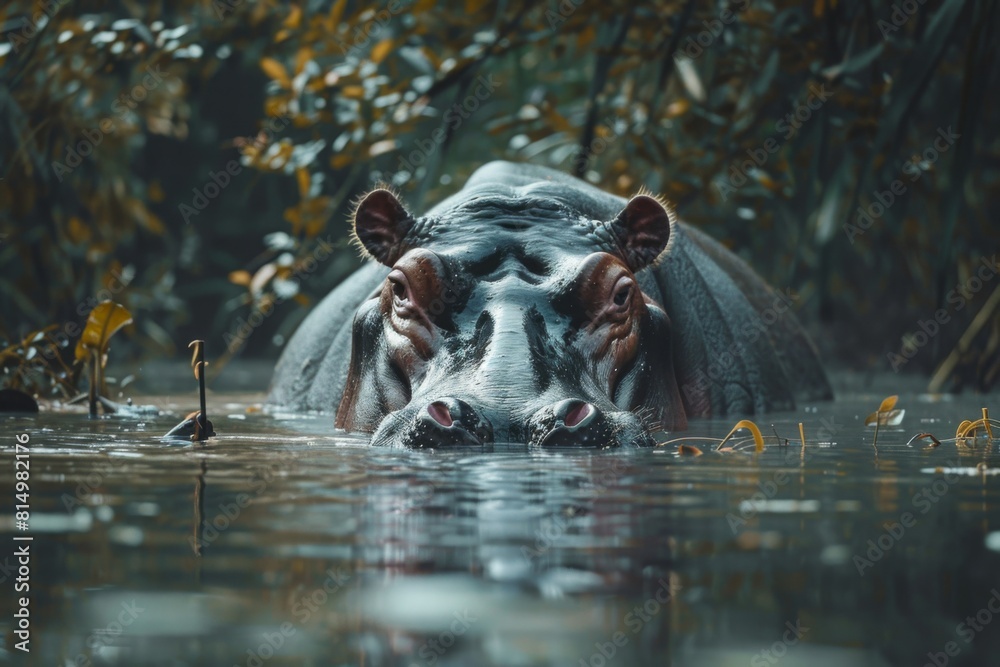 A close-up photo of a hippopotamus submerged in water, showcasing its head and part of its body with a natural aquatic background A close-up photo of a hippopotamus submerged in water, showcasing its head and part of its body with a natural aquatic background