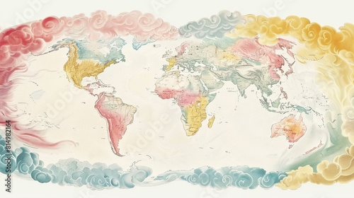 Artistic world map in watercolor with colorful cloud patterns flowing over the continents in a dreamy presentation