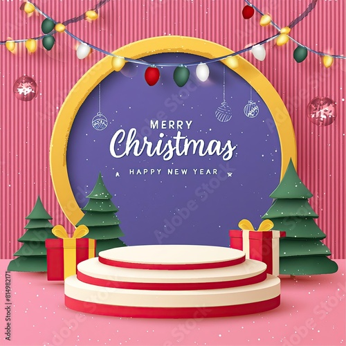 Christmas Stage, podium and element merry christmas to display product, christmas tree and decorations, red decorations merry christmas, green tree and element-element merry christmas