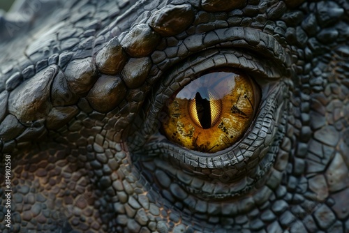 Featuring a close up image of the yellow eye in a dinosaur  high quality  high resolution