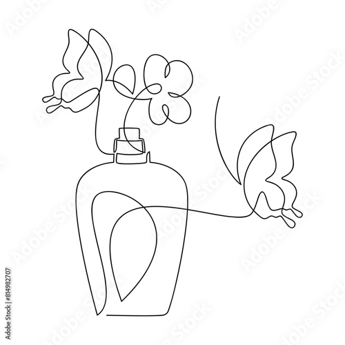 Hand drawn perfume bottle vector. Floral one line continuous drawing. Butterfly flower linear illustration, minimal icon, print, banner, card, wall art poster, brochure, doodle, fragrance, spray