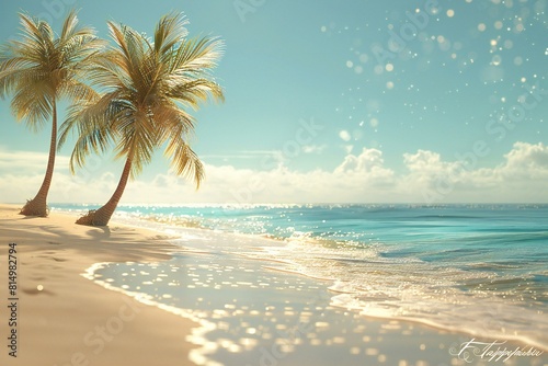 Digital image of beach scene with palm trees, sand and sea, high quality, high resolution