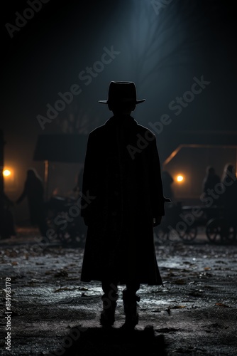 Noir Night  Mysterious Man in Trench Coat and Fedora