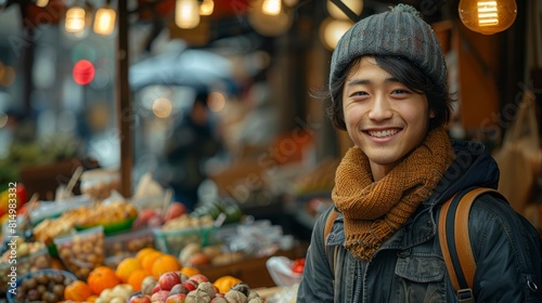 teenage Japanese merchant selling handmade goods at a local street market