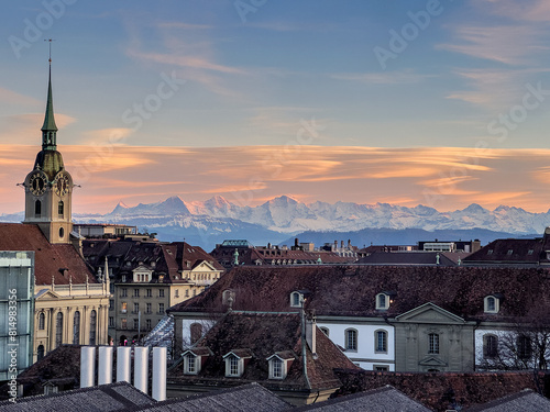 View of the city of Berne with the Alps in the background.