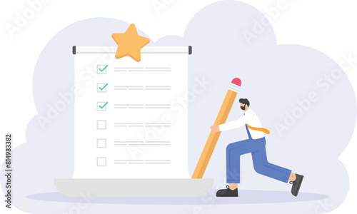 wishlist. a man writes down some wishlists that he wants to achieve or have. surveys, questionnaires, questions. note paper. illustration concept design

