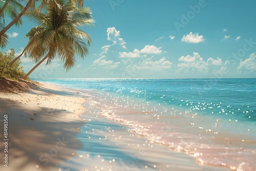 Digital artwork of  beach scene with palm trees, sand and sea, high quality, high resolution © Quan