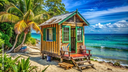a small hut on the beach with palm trees