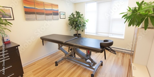 A clean and professional therapy room interior with treatment table and minimal office furniture photo