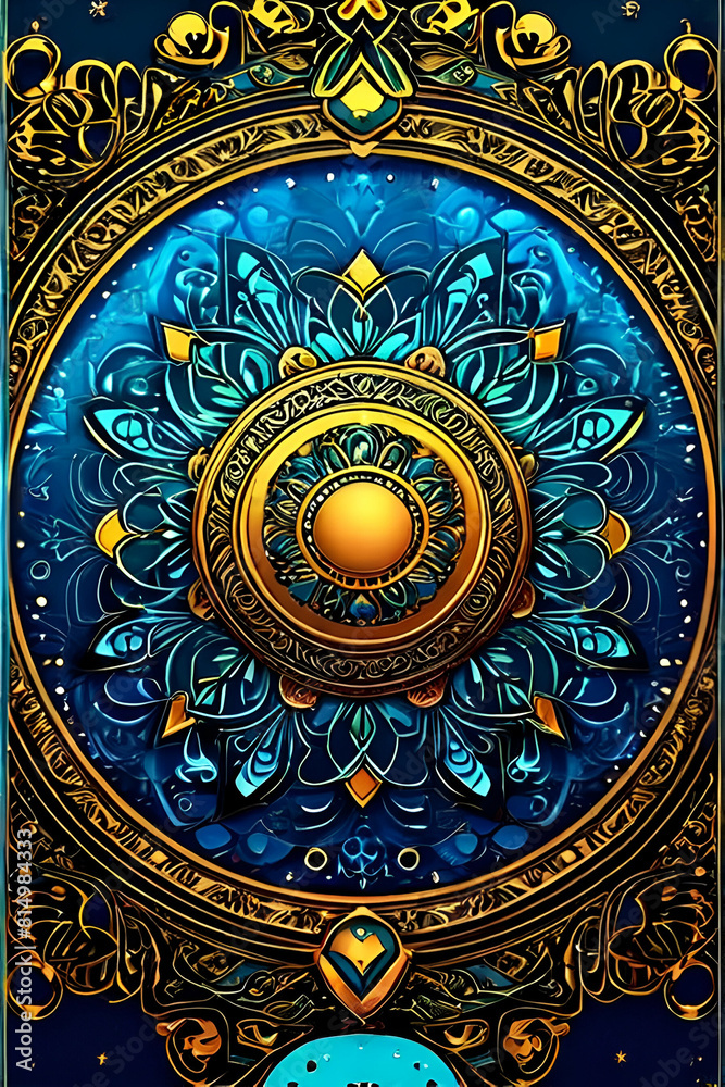 gold ornament on a blue background,islamic background,pattern, ornament, art, design, vector, decoration, illustration, vintage, plate, floral, circle, round, gold, mandala, frame, flower, christmas, 